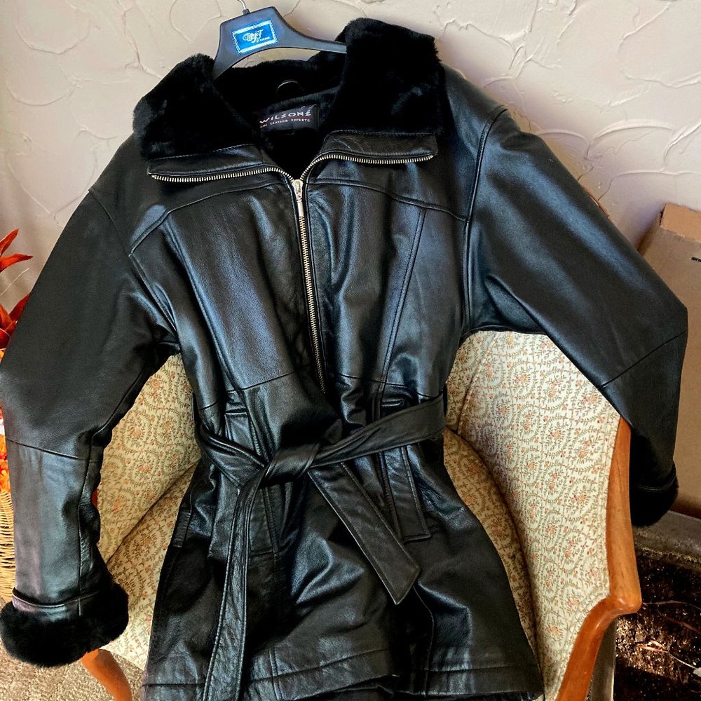 Wilsons Leather Black Faux-Fur Trim Belted Leather Jacket